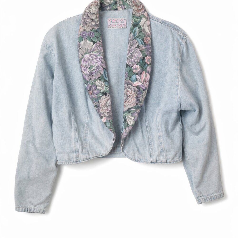 VINTAGE 90's Paris Sport Club Floral Cottagecore Denim Jacket - Size Large